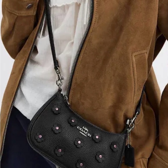 Coach Mini Teri Black Floral Appliqué Pebbled Leather Crossbody - Picture 6 of 6